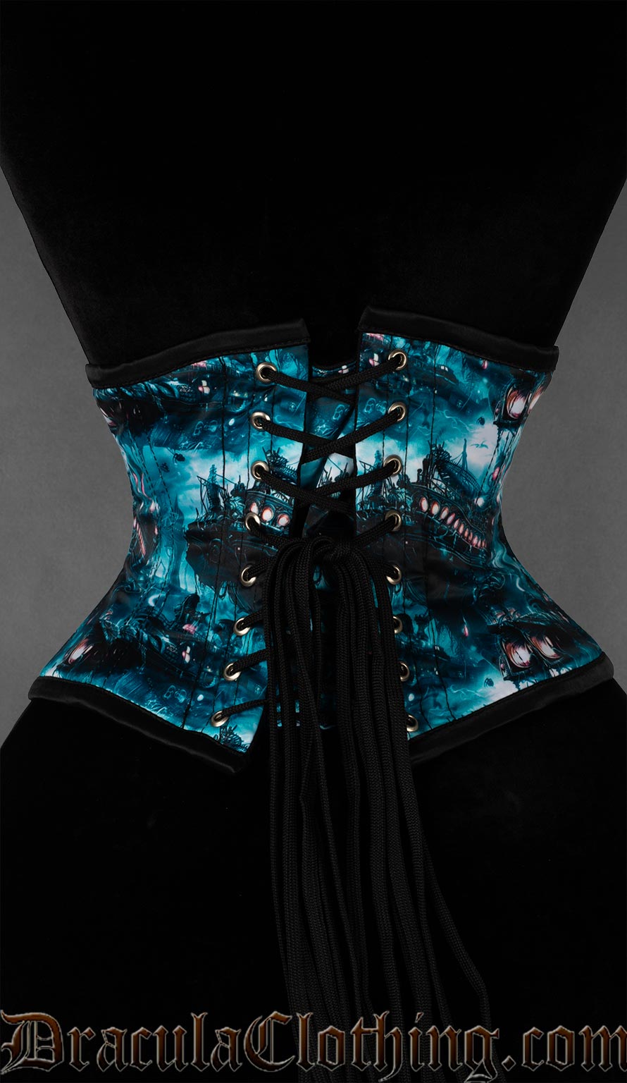 Back view of multicolour underwater themed waist cincher showing adjustable corset lacing and matching modesty panel