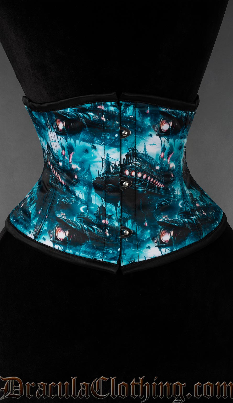 Blue multicolour waist cincher with underwater satin printed design inspired by jules verne books
