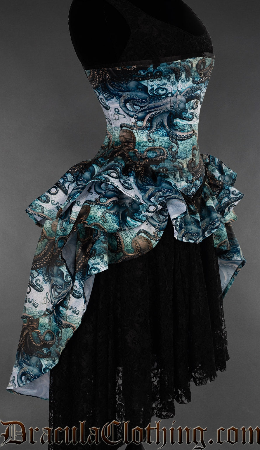 Side view of women's corset with bustle skirt attachment made with blue multicoloured print inspired by the kraken