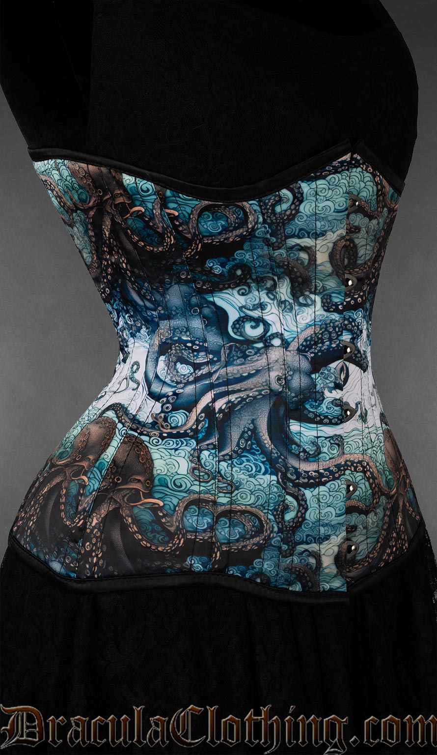 Side view of kraken print corset showing extreme waist shaping