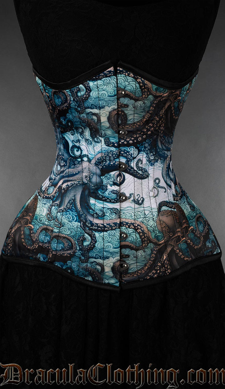 Women's kraken print extreme waist corset in blues greens and browns and a print displaying the kraken