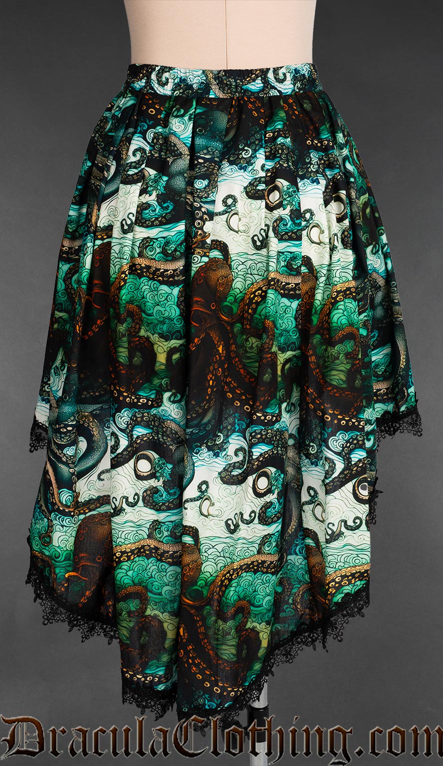 Back view of kraken print high low skirt shower longer back and elasticated waistband
