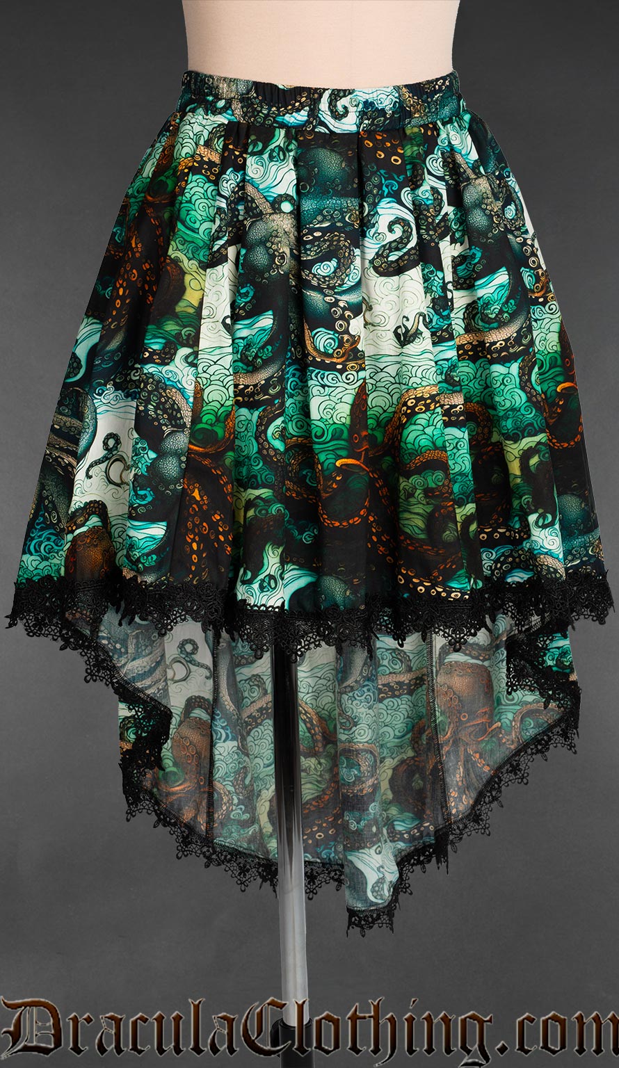 Women's high low skirt with black lace trim and green blue kraken inspired print