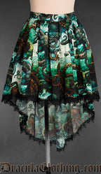 Women's high low skirt with black lace trim and green blue kraken inspired print