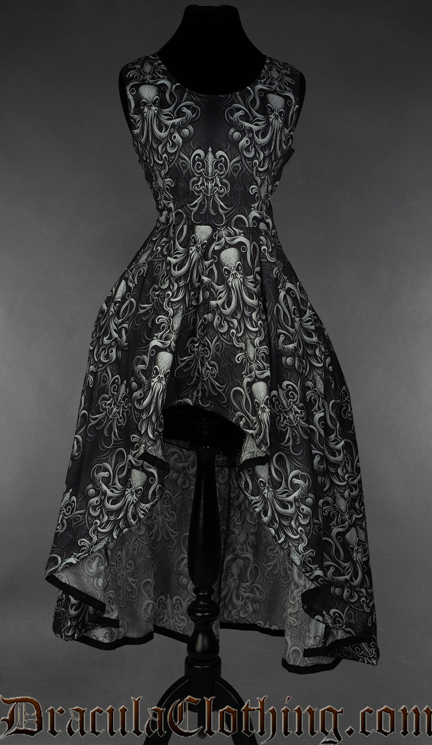 Grey and black printed women's sleeveless dress with high low hem and kraken inspired design