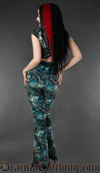 Blue and black kraken print velvet bell bottom pants with matching crop top back view