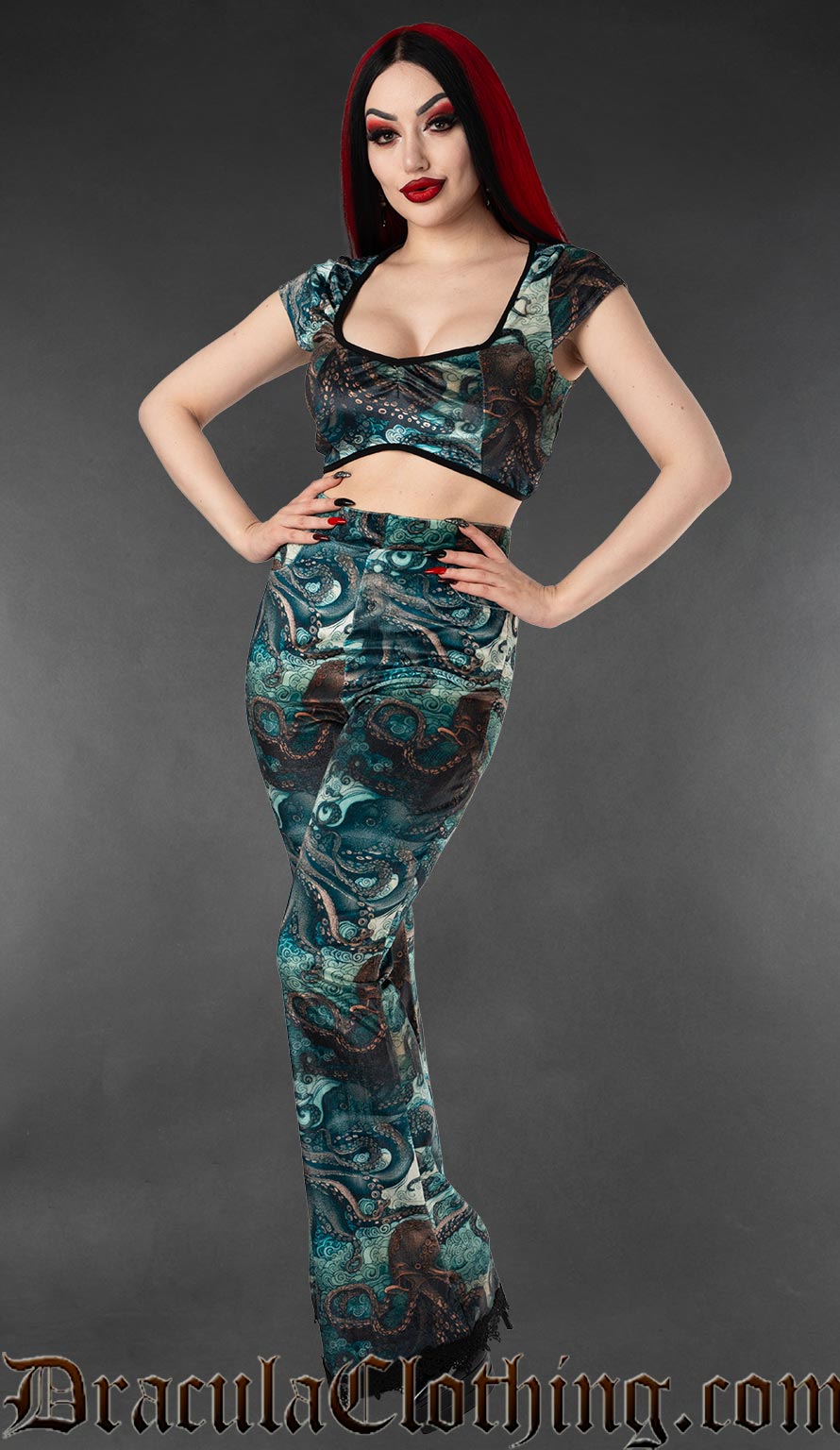 Blue and black kraken print velvet bell bottom pants with matching crop top