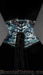 Back view of blue green waist cincher with kraken octopus print showing adjustable lacing and matching print modesty panel