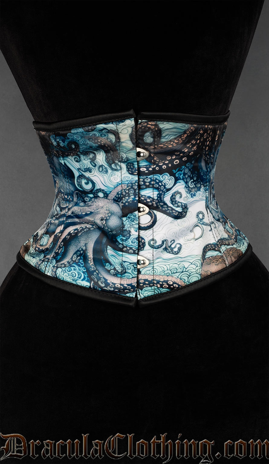 Waist cincher with printed blue and green kraken octopus design