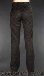 back of women's high waisted black brocade and lace pants showing partially elasticated waistband