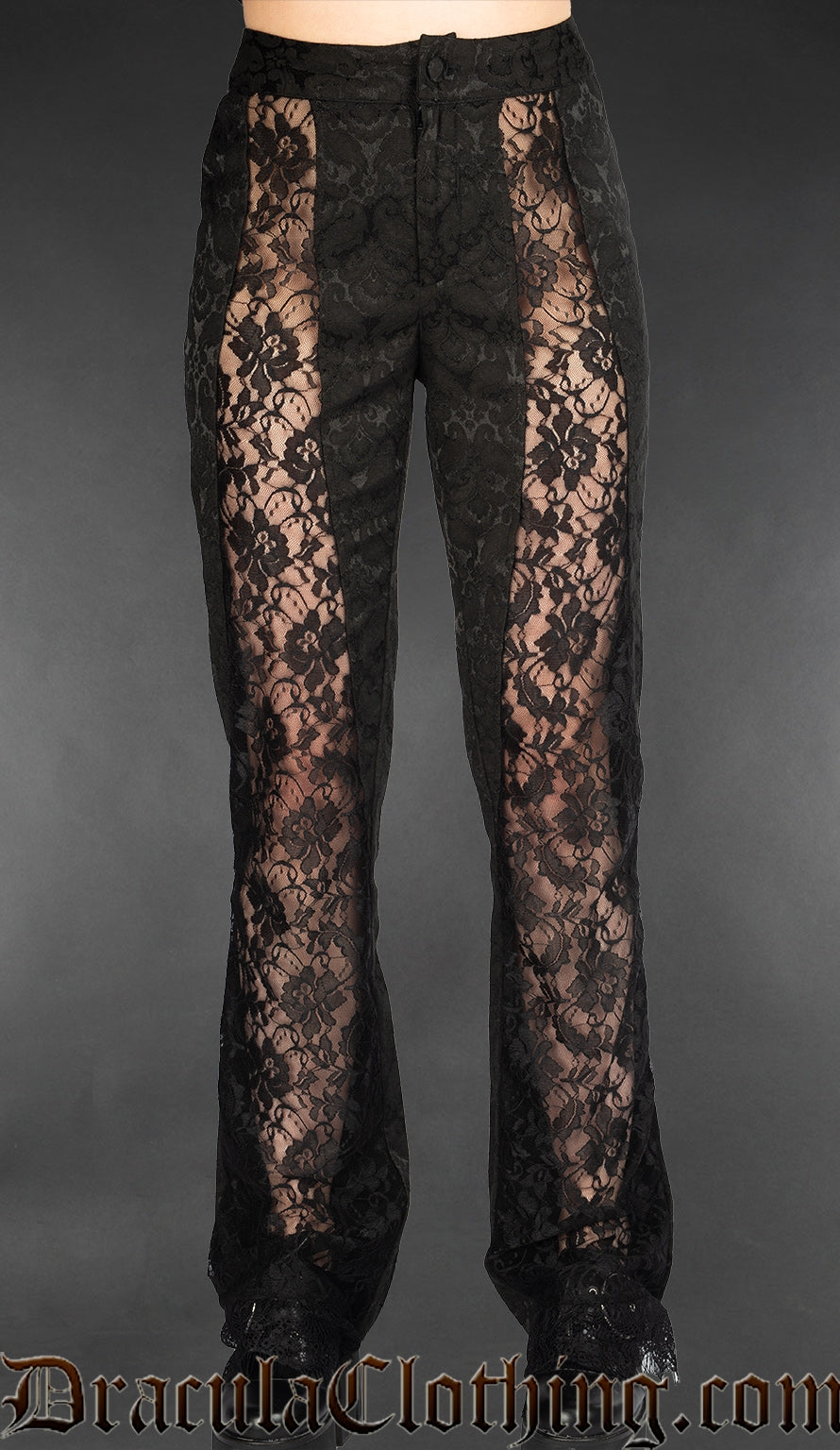 women's high waisted black brocade pants with black floral sheer lace panels down the front of each leg