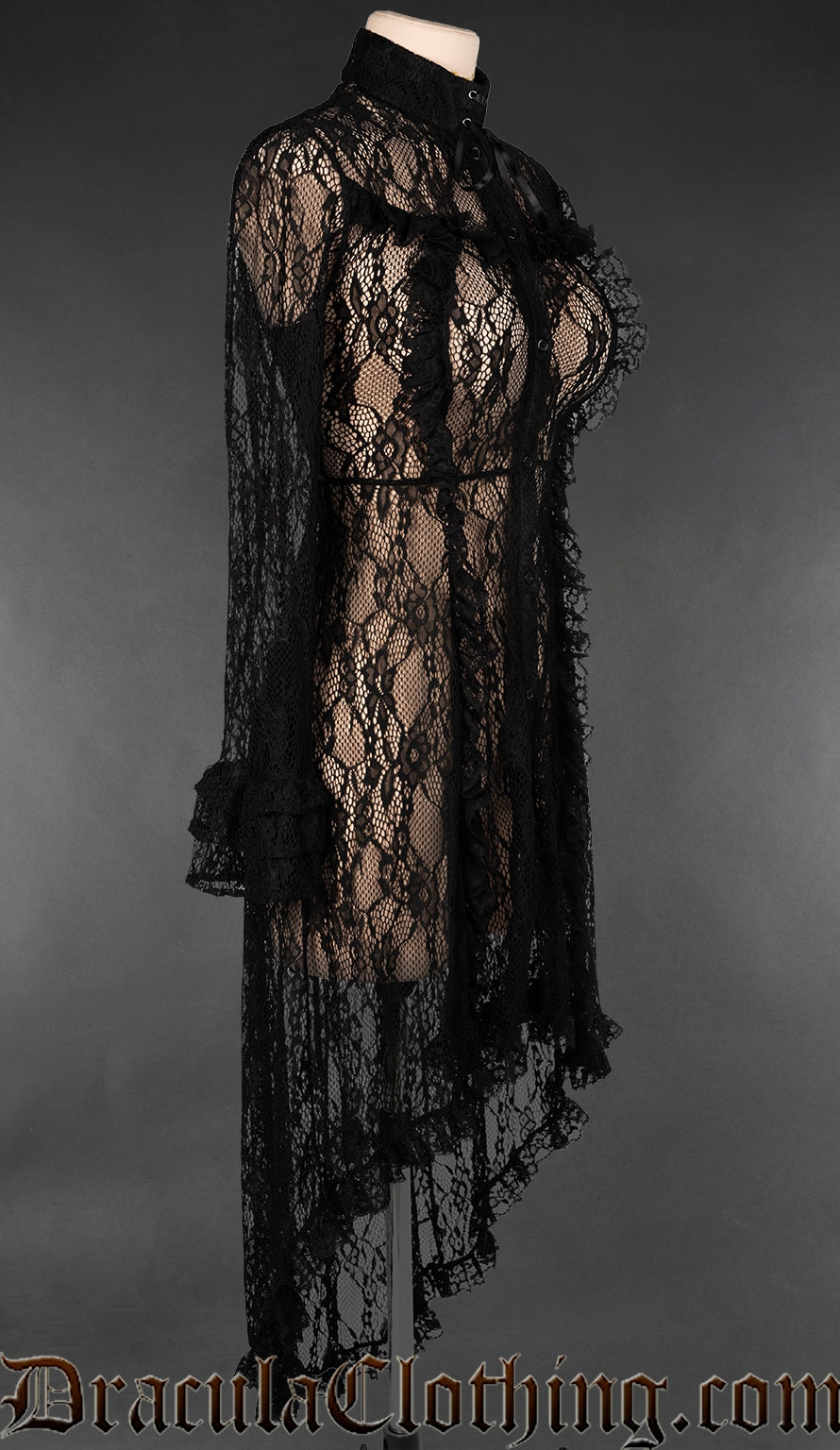 Side view of women's black sheer lace overdress showing high low style skirt that is longer in the back than the front