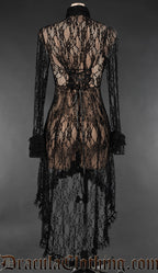 Back of black lace women's overdress showing longer length skirt in the back and adjustable corset-style lacing in the torso