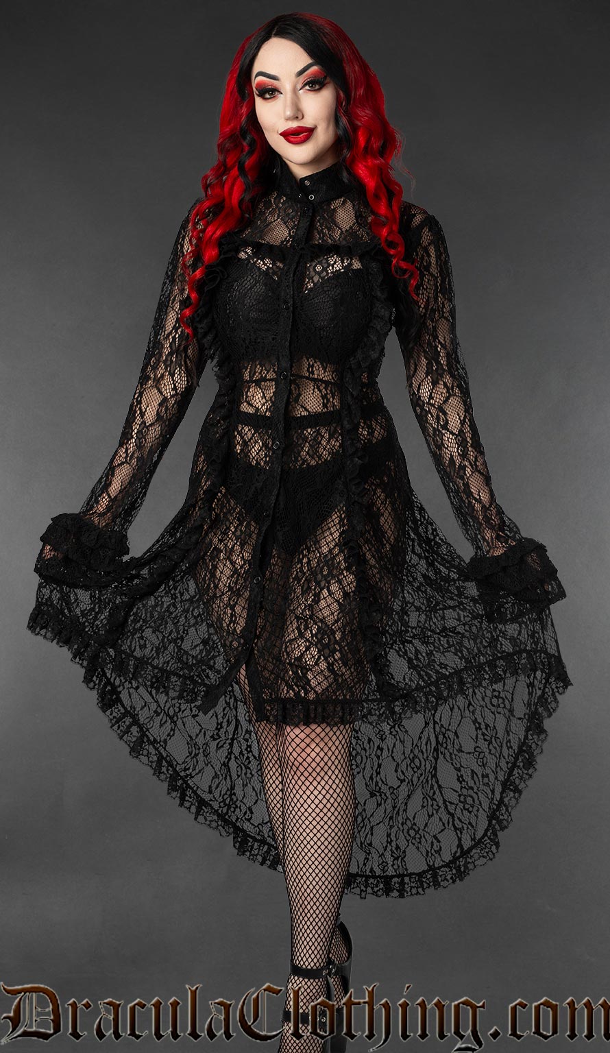 Sheer lace women's overdress with high low hem and layered flared cuffs on the long sleeves