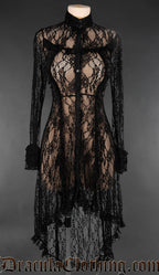 Women's high low black sheer lace dress with long sleeves and high neck collar