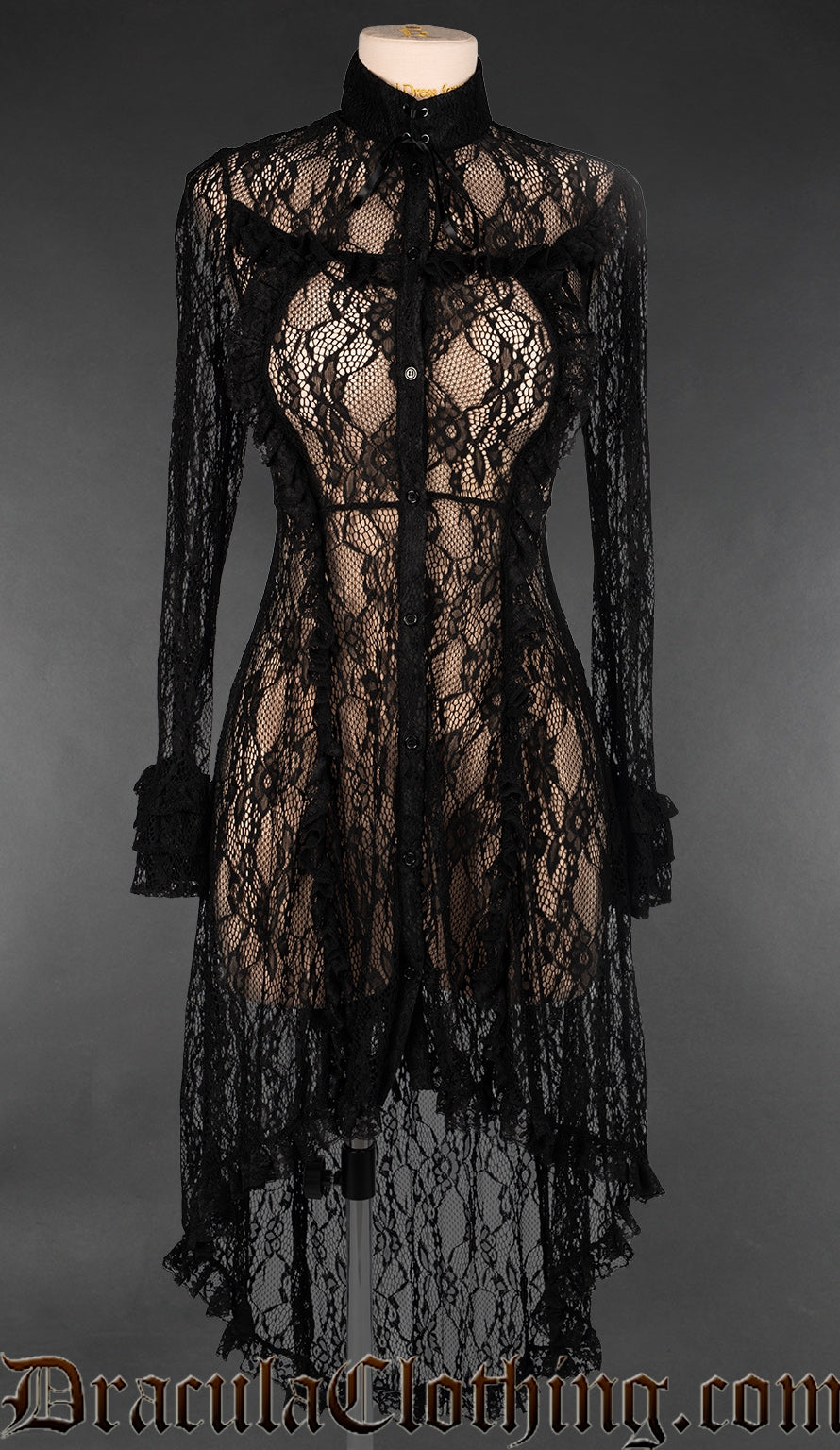 Women's high low black sheer lace dress with long sleeves and high neck collar
