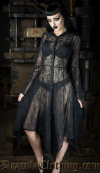 Women's black sheer lace overdress with front button closure worn by model