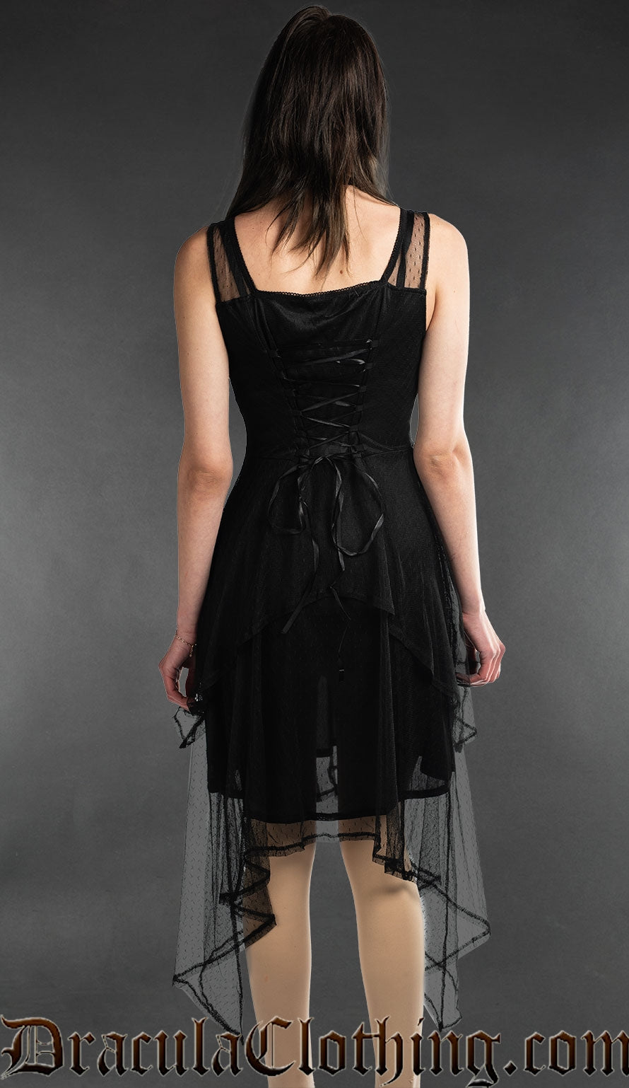 Back of lace satin dress showing adjustable lacing in the torso