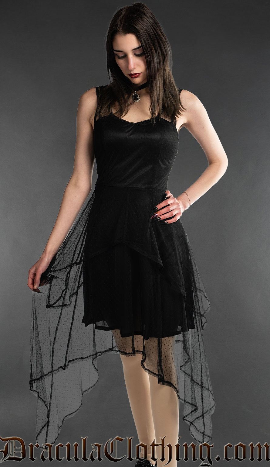 Model wearing short lace satin dress 