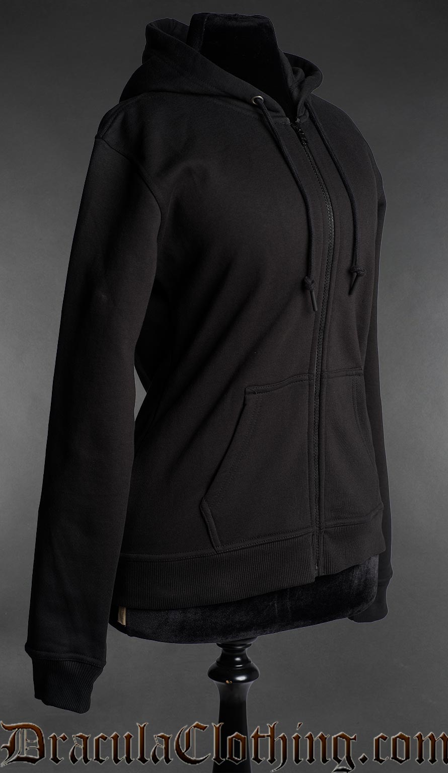 Black gothic zip hoodie for women side view on mannequin with minimalist dark aesthetic design