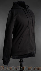 Black gothic zip hoodie for women side view on mannequin with minimalist dark aesthetic design