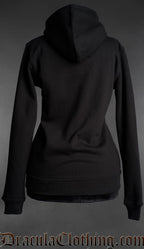 Back view of black gothic zip hoodie for women with hood and minimalist dark aesthetic design