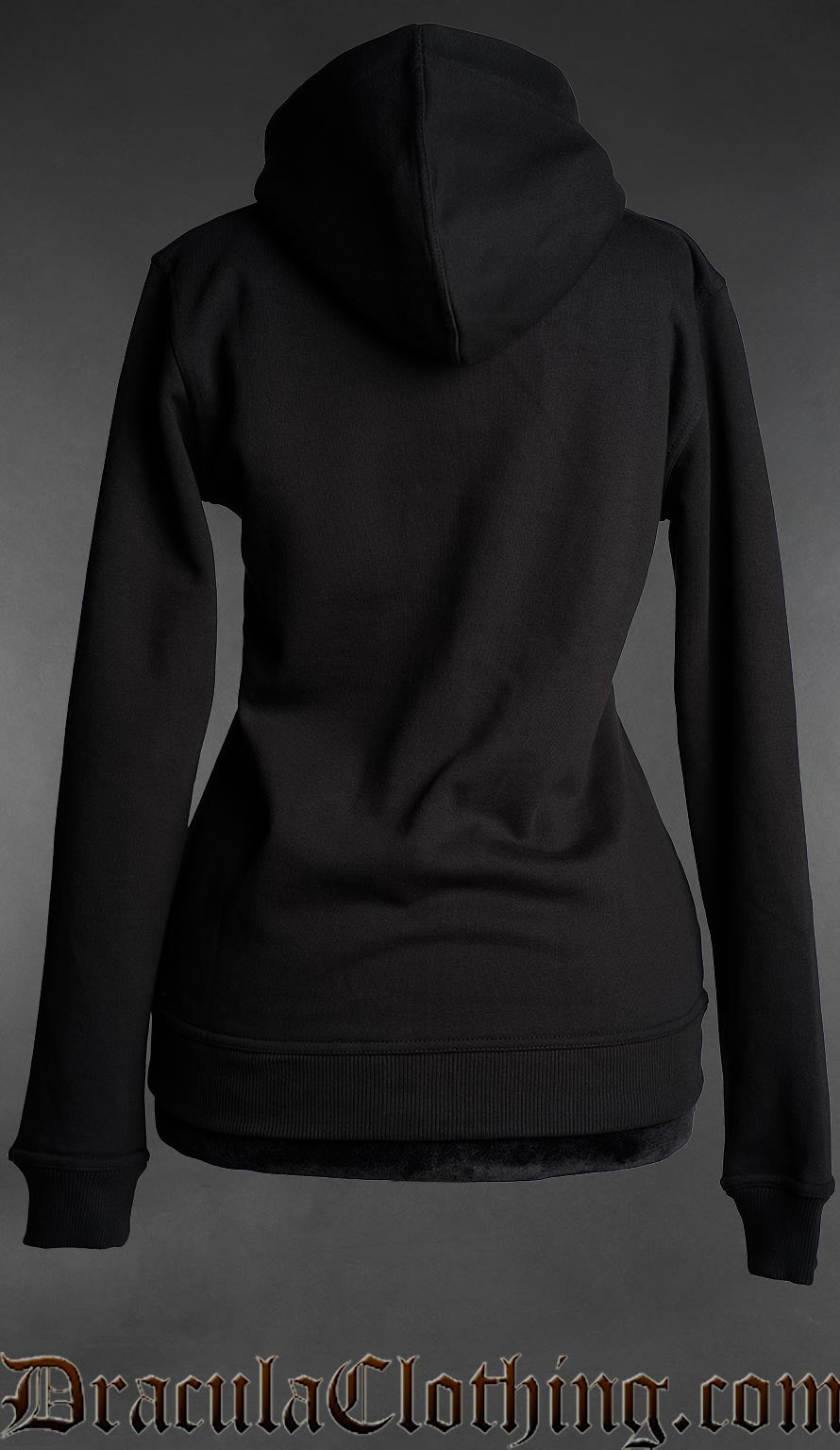 Back view of black gothic zip hoodie for women with hood and minimalist dark aesthetic design