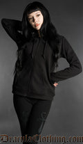 Woman wearing a black gothic zip hoodie with slim fit design and dark aesthetic style