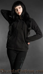 Woman wearing a black gothic zip hoodie with slim fit design and dark aesthetic style
