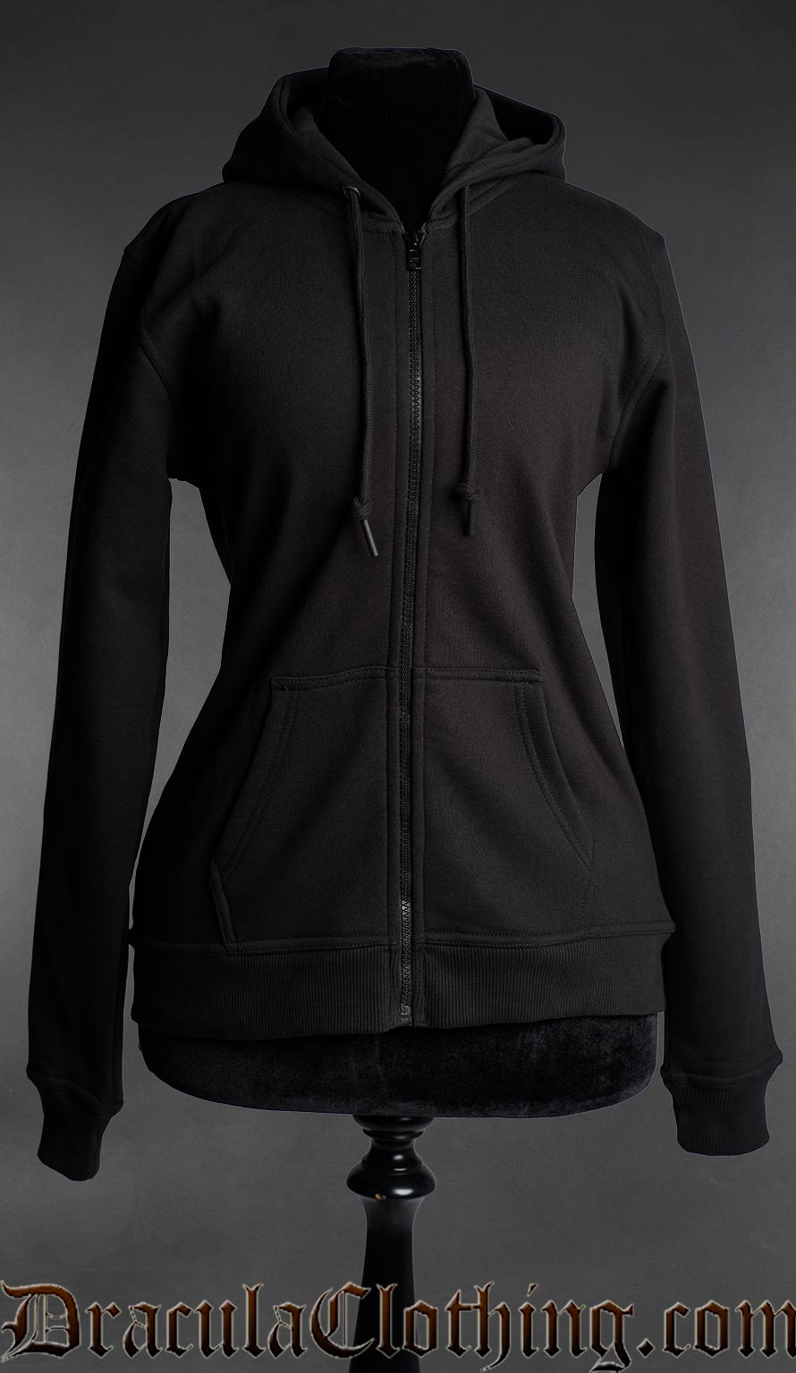 Black gothic zip hoodie for women on mannequin with minimalist dark aesthetic design