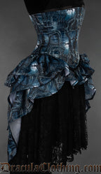 Side view of women's forest print corset showing attached layered bustle skirt