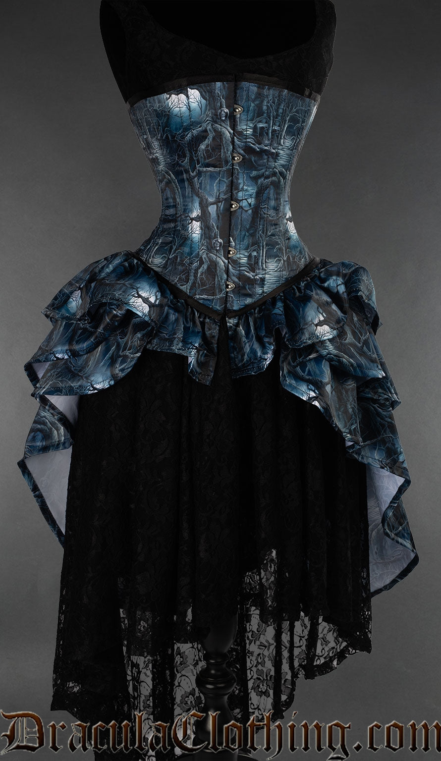 Bustle corset with blue and black forest print and attached bustle style skirt