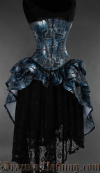 Bustle corset with blue and black forest print and attached bustle style skirt