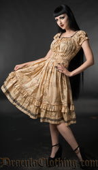 Model wearing knee length women's dress with old map inspired print