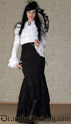 Model wearing women's white long sleeve blouse with cravat and flared layered sleeve cuffs
