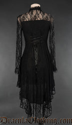 Back view of women's lace dress showing opaque back and adjustable corset style lacing in the torso