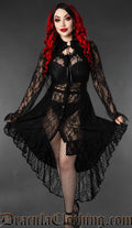 Women's long sleeve sheer lace dress made with black lace in a high low style worn by model