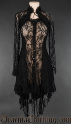 Black lace women's dress with sheer lace centre panel and sleeves - with contrasting black opaque panels on the sides