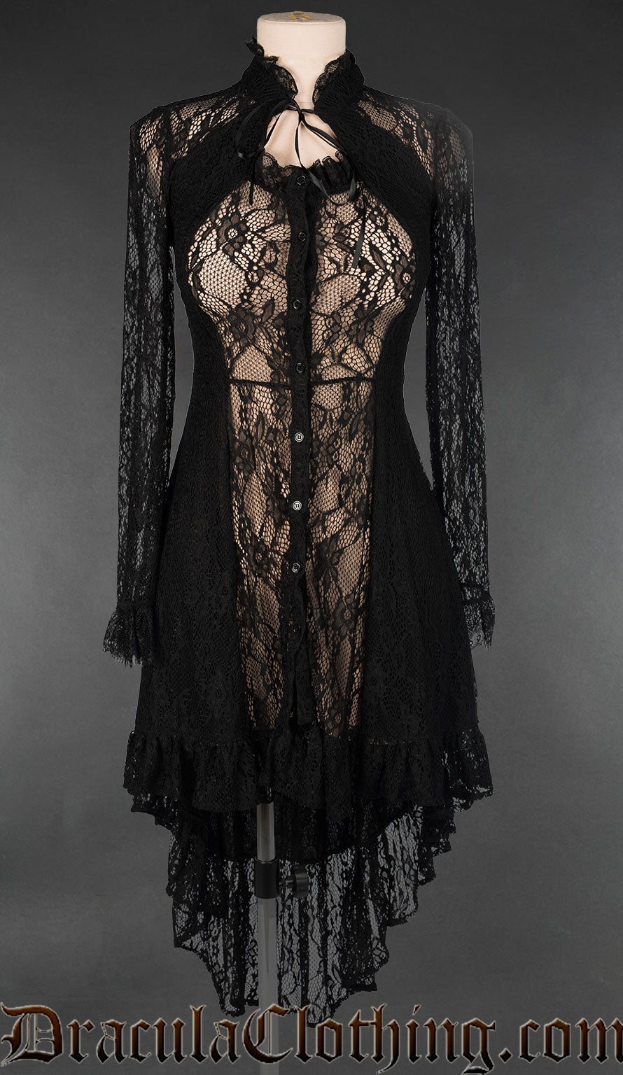 Black lace women's dress with sheer lace centre panel and sleeves - with contrasting black opaque panels on the sides