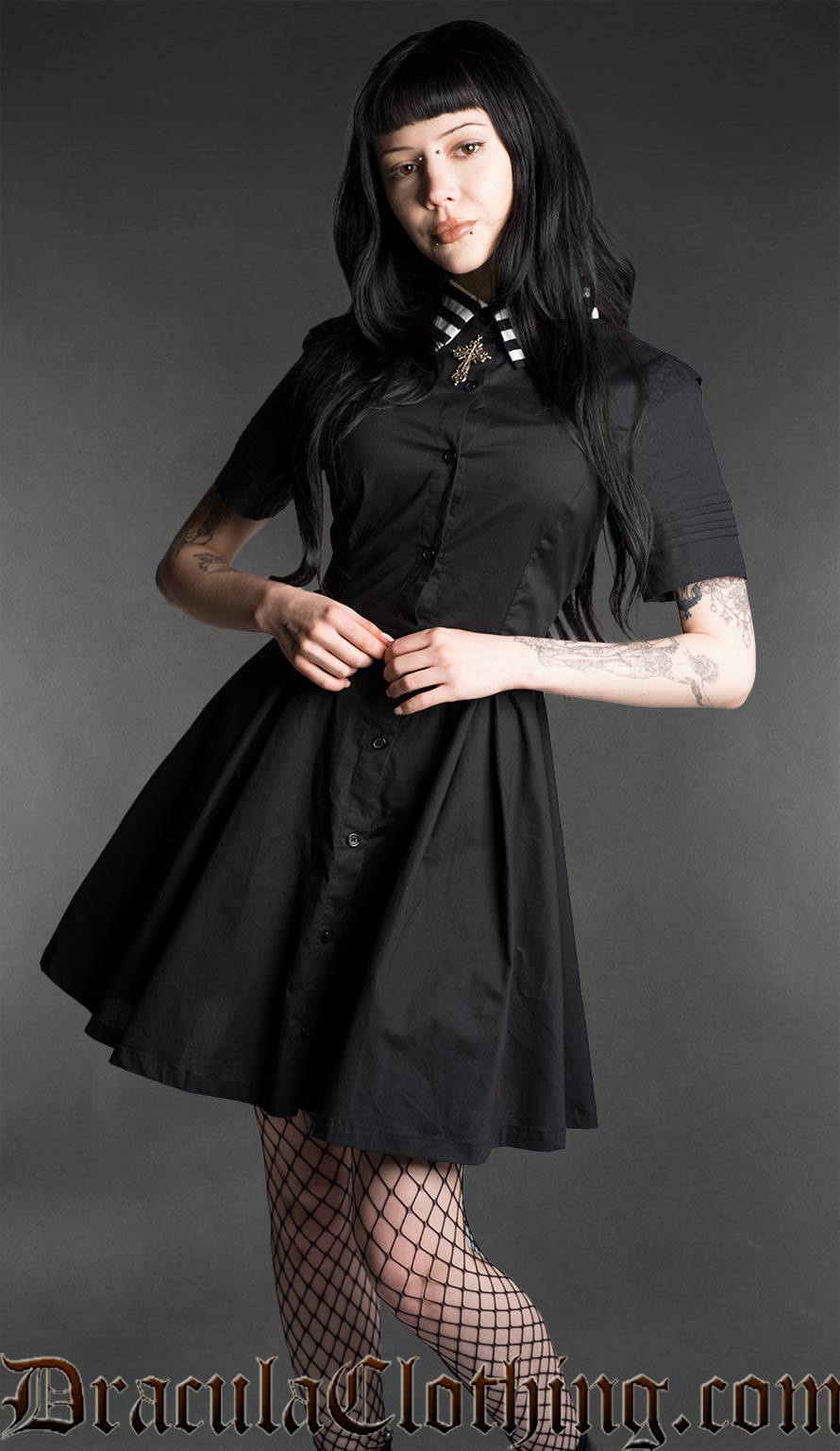 Midnight Striped Collar Short Sleeved Shirtdress