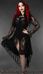 Women's high low sheer lace dress with long sleeves shown on model
