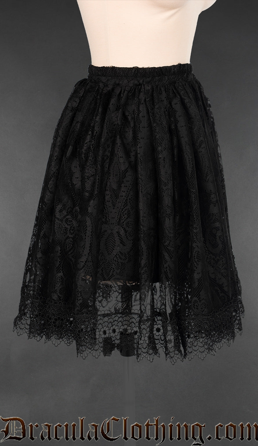 Side view of lace skirt showing that sheer lace layer is a bit longer than the opaque cotton lining