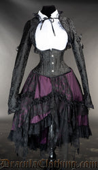 Black and purple satin and lace women's ruffle skirt shown with waist cincher and black bolero