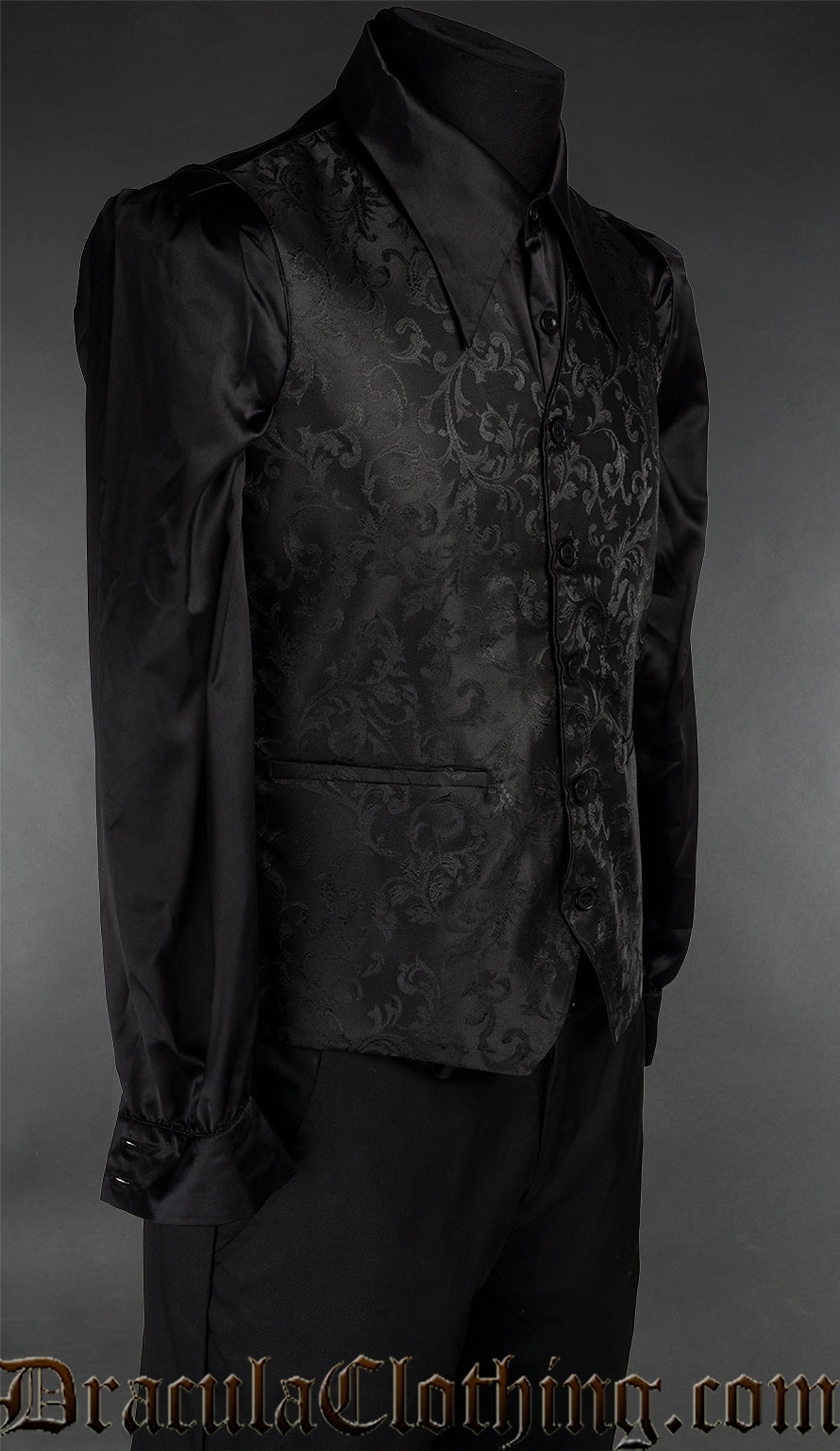 Side view of black waistcoat vest for men showing brocade fabric and front pockets