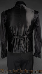 Back view of men's black brocade groom waistcoat vest showing belt for adjustment and satin fabric back