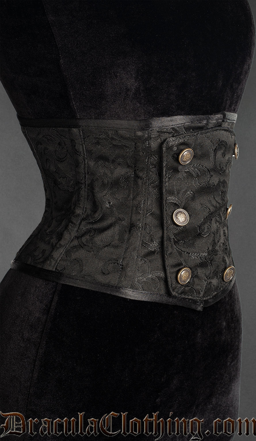 Side view of black brocade waist cincher with front panel and decorative buttons