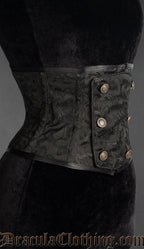 Side view of black brocade waist cincher with front panel and decorative buttons