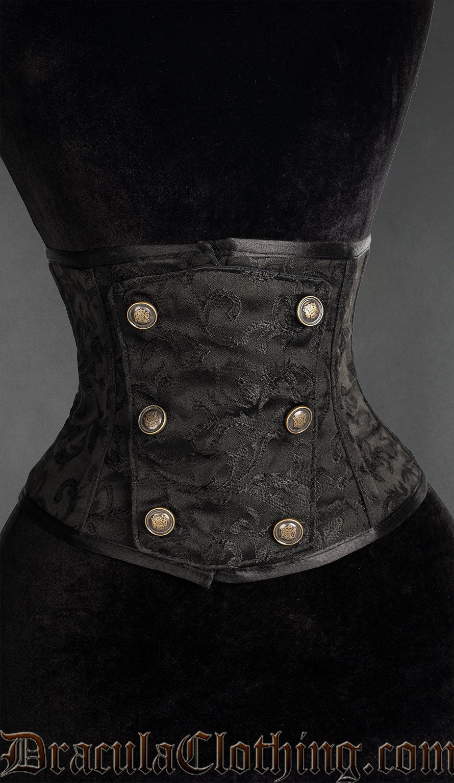 Black brocade waist cincher with front panel design and decorative bronze coloured buttons