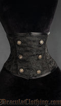 Black brocade waist cincher with front panel design and decorative bronze coloured buttons