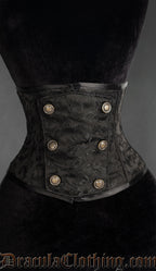Black brocade waist cincher with front panel design and decorative bronze coloured buttons